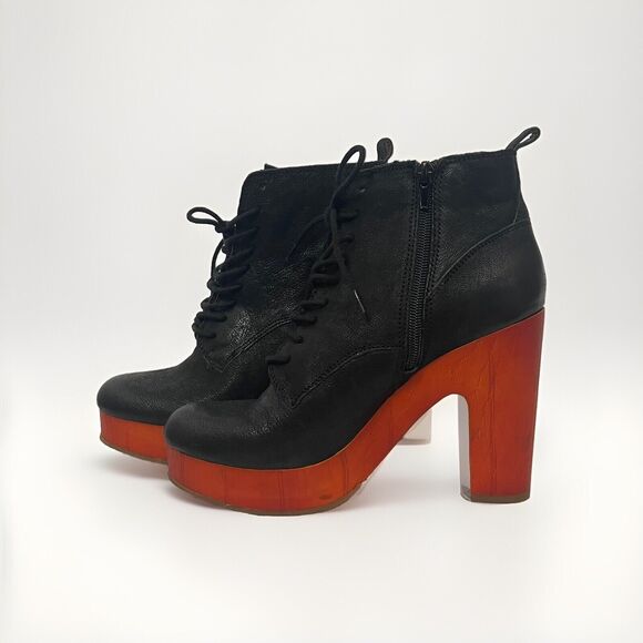 Lucky Brand Tafari Black Leather Platform Heeled Booties Women's Size 9 - Picture 1 of 15
